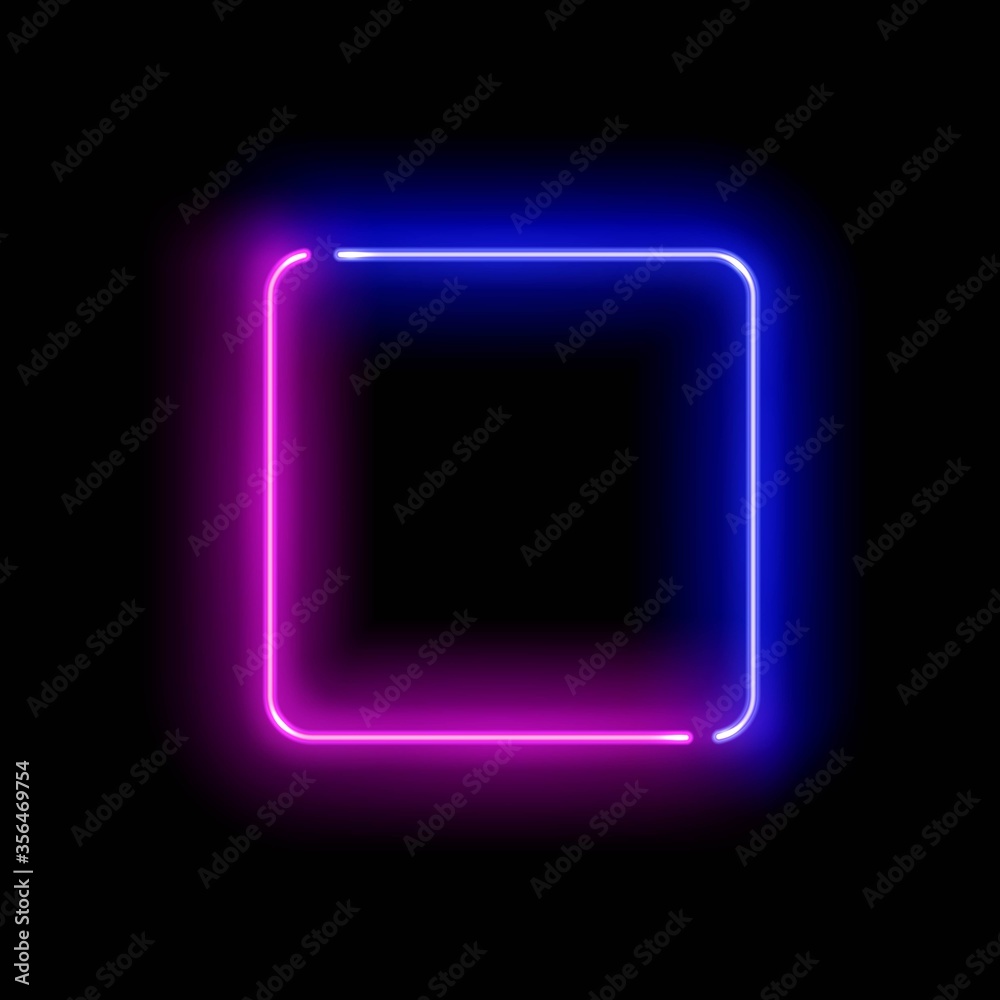 Realistic gradient neon square frame. Pink and blue colored blank template isolated on black empty grunge background. Geometric glow outline shape or laser glowing lines. Vector shining object. Realistic gradient neon square frame. Pink and blue colored blank template isolated on black empty grunge background. Geometric glow outline shape or laser glowing lines. Vector shining object.