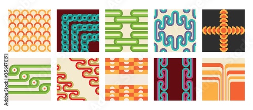 Retro abstract posters set. Backgrounds with round geometric shapes and stripes. Vector illustration.