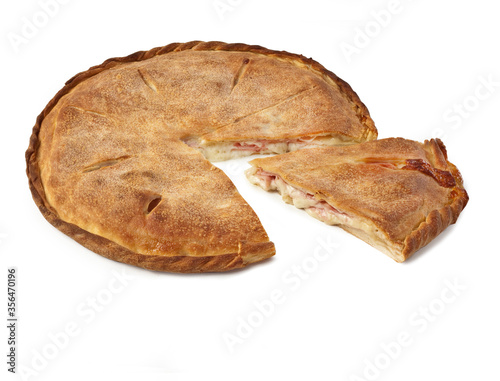Sicilian Scaccia (or Scacciata) with Ham and Tuma Cheese - Typical Sicilian Pizza - Isolated on White Background photo