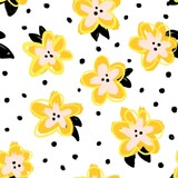 Painterly doodle flowers gold yellow orange black seamless pattern. Repeating modern abstract background.
