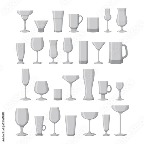 Set of drink glasses for wine, martini, champagne, beer and other. Vector illustration.