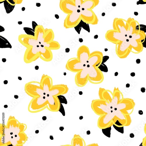 Painterly doodle flowers gold yellow orange black seamless pattern. Repeating modern abstract background. © StockArtRoom