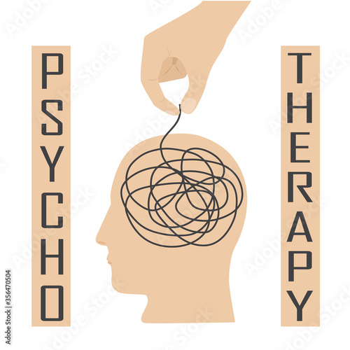 Psychotherapy and psychology help with depressive disorders. Helping hand unravels the tangle of thoughts of a man. Vector illustration