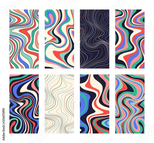 Creative ripple vertical backgrounds set in Hippie style. Wavy psychedelic patterns for brochures, cards, posters. Vector illustration.