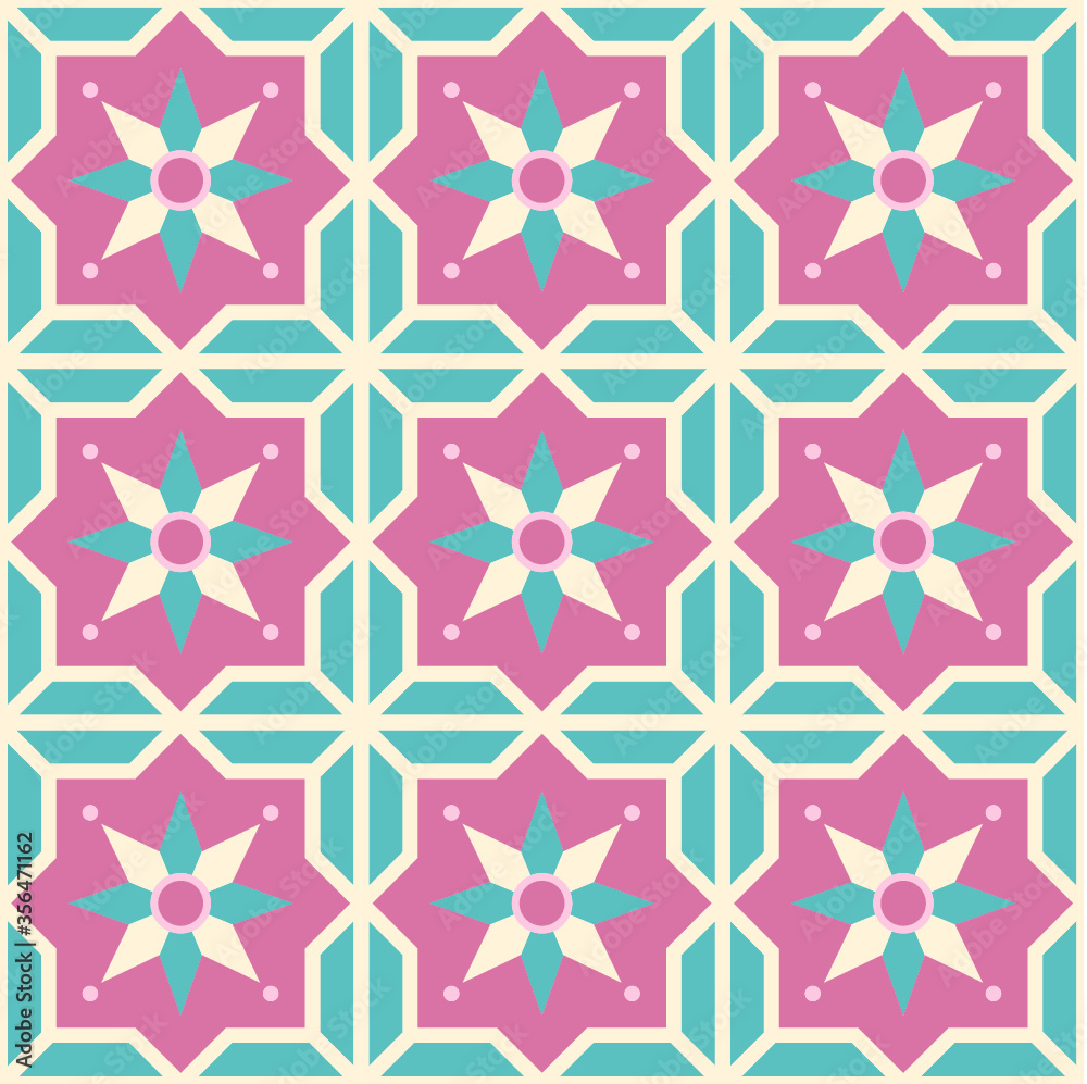 seamless geometric pattern with stars, Floor Tile Pattern, Vintage Style, Star inspiration. Pink and Blue pastel, Vector illustration seamless geometric pattern with stars, Floor Tile Pattern, Vintage Style, Star inspiration. Pink and Blue pastel, Vector illustration