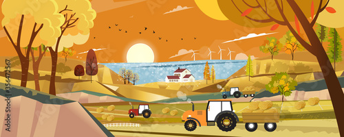 Autumn landscape with sunrise view over lake, harvested field with farmhouse,tractor and straw bales in the countryside,Panorama view of farmlands in fall season with orange foliage.
