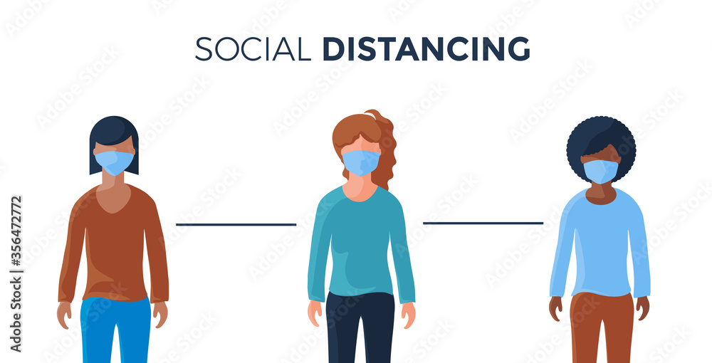 social distancing concept, group of the woman using mask, keep distance in public society, 2 meters distance, vector outside, social distance, stop COVID-19. social distancing concept, group of the woman using mask, keep distance in public society, 2 meters distance, vector outside, social distance, stop COVID-19.