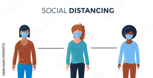 social distancing concept, group of the woman using mask, keep distance in public society, 2 meters distance, vector outside, social distance, stop COVID-19.