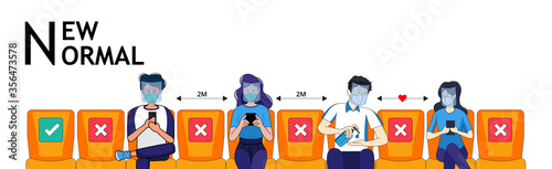 People wear protective mask and face shield make social distancing for shuttle shuttle bus, subway, railway, sky train during CoVID-19. New normal behavior lifestyle in daily after covid-19 outbreak.