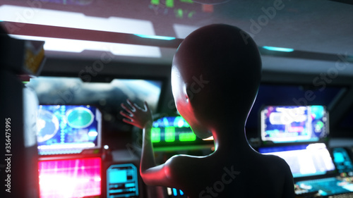 Alien in space ship. hand reaching out with Earth planet. UFO futuristic concept. 3d rendering.