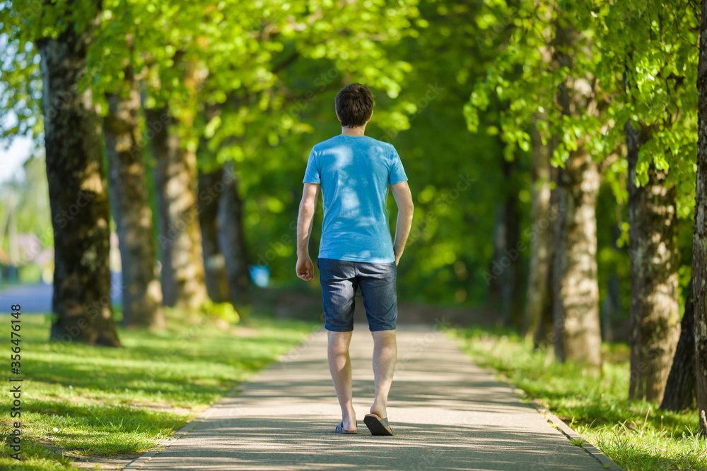 One young man in t-shirt and shorts slowly walking through green alley of trees in warm, sunny spring day. Shadow place. Spending time alone in nature. Peaceful atmosphere. Back view.