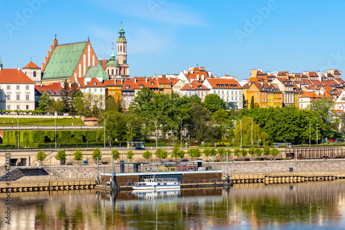 Panoramic view of Stare Miasto Old Town historic quarter with Wybrzerze Gdanskie embankment at Vistula river in Warsaw, Poland