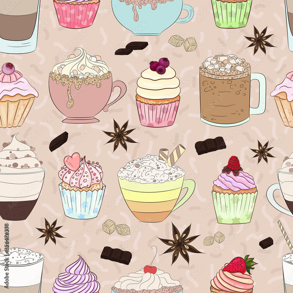 Cakes and coffee pattern. Cupcakes, cinnamon, sugar, cream, chocolate texture. Cakes and coffee pattern. Cupcakes, cinnamon, sugar, cream, chocolate texture.