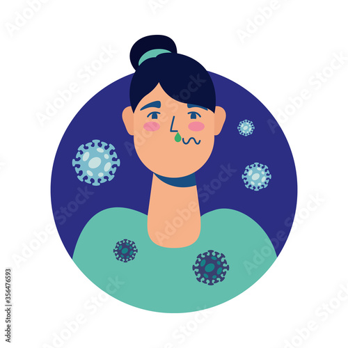 young woman sick with covid19 particles avatar character