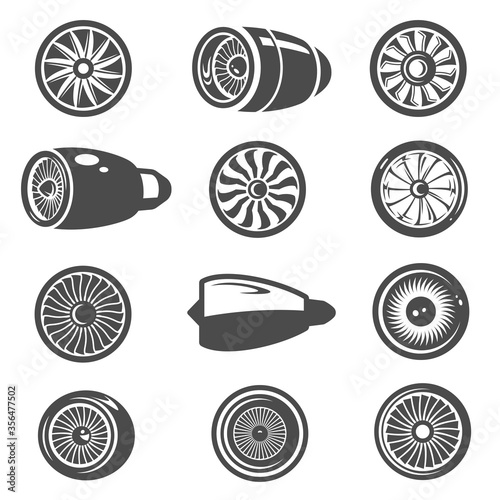 Turbine, turbomachine black and white isolated icons set. Airplane equipment, engine power, blades, fan.
