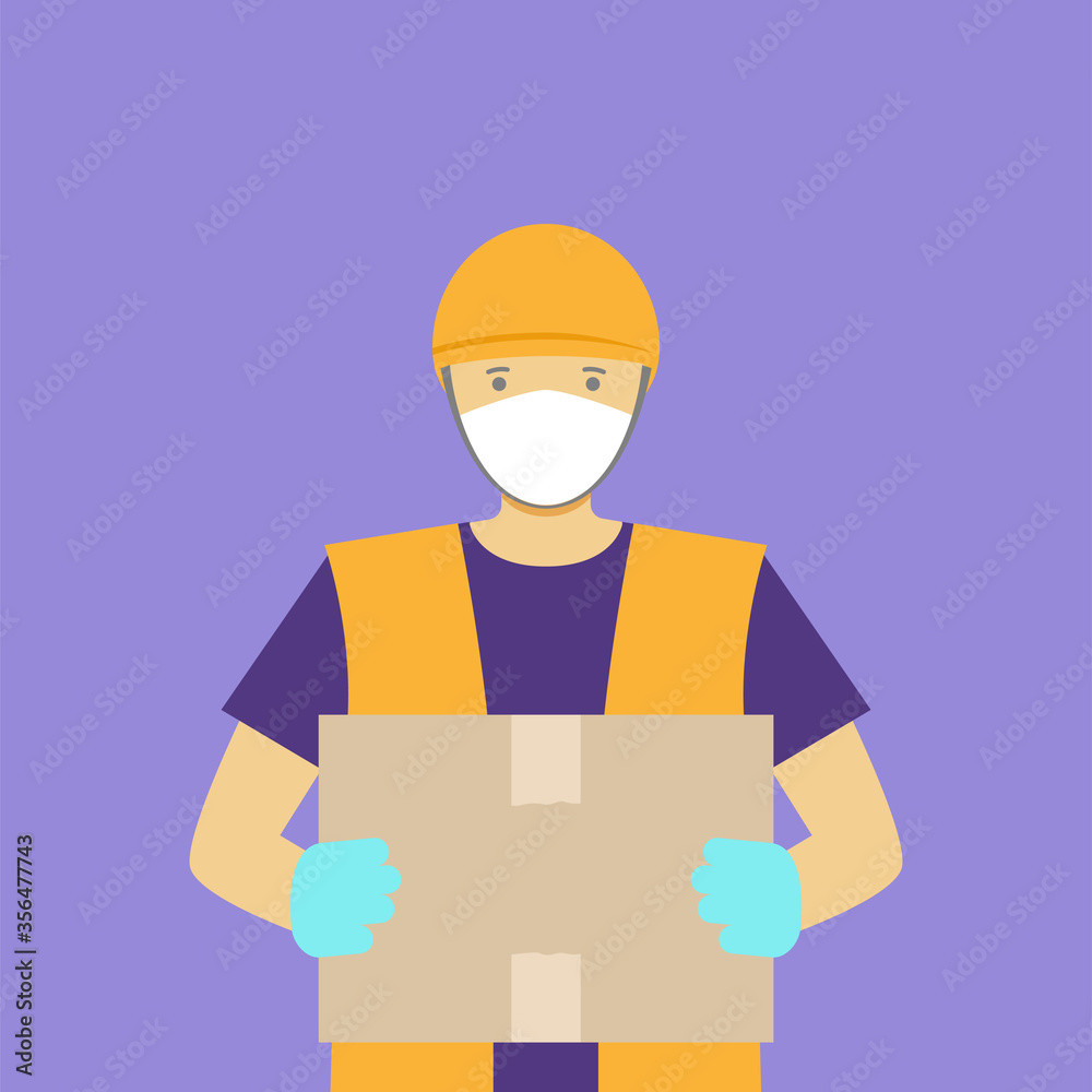 Delivery man in mask and gloves with box. Vector illustration