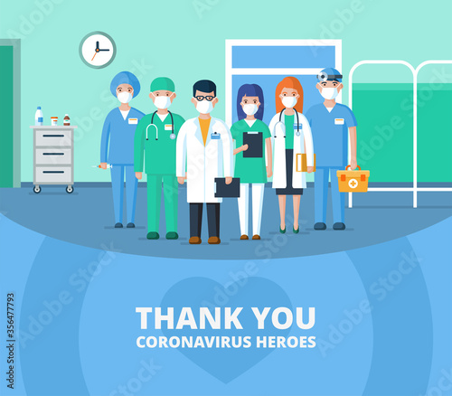 Thank you doctors, nurses and all medical staff. Heroes in hospital fight the spread of the coronavirus pandemic. Flat vector illustration of medicine employees characters