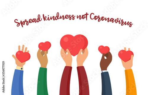 Sharing love and peace. Charity flat vector illustration. Kindness against coronavirus. Hands holding hearts. Giving, help and support concept