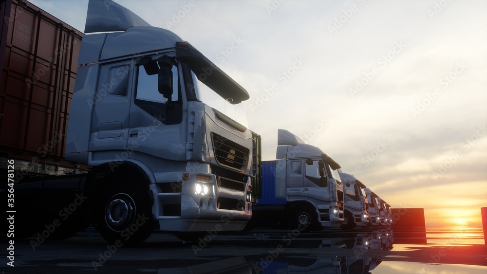Truck in container depot, wharehouse, seaport. Cargo containers. Logistic and business concept. 3d rendering.