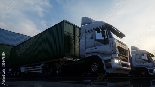 Truck in container depot, wharehouse, seaport. Cargo containers. Logistic and business concept. 3d rendering.