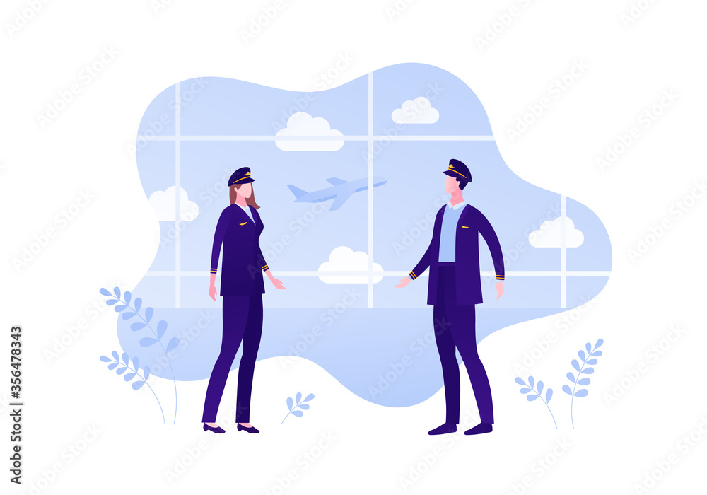 Airline crew team concept. Vector flat person illustration. Man and woman in blue pilot suit on airport window with plane jet background. Design element for banner, web, infographic. Airline crew team concept. Vector flat person illustration. Man and woman in blue pilot suit on airport window with plane jet background. Design element for banner, web, infographic.