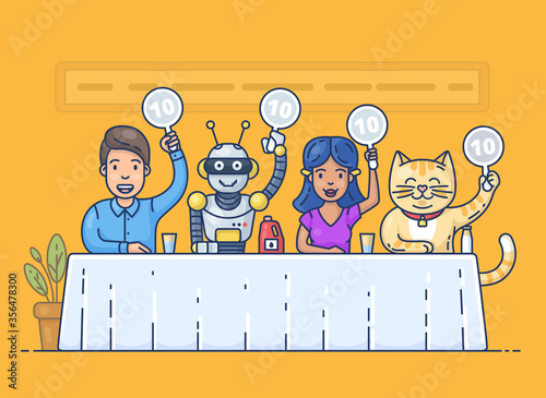 Pretty young girl, funny robot, happy young man,  and cute cat holding scorecards. Jury judges sitting at the table. Colorful cartoon characters. Flat outline vector illustration in modern style.