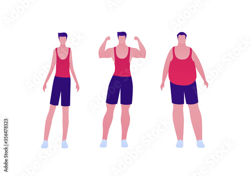Man body weight concept, Vector flat person illustration set. Collection of males in sport outfit isolated on white. Slim, overweight, strong muscular. Front view. Design for banner, infographic