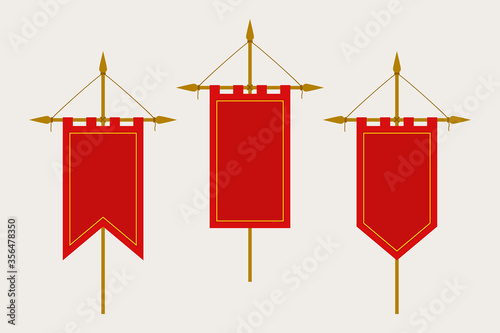 Medieval Pennant Hanging on Flagpole. Set of Blank Flags. Red Template Banner and Poster Vector