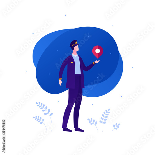 Airline aviation crew team concept. Vector flat person illustration. Man in blue pilot or steward uniform holding map pin sign. Design element for banner, web, infographic.