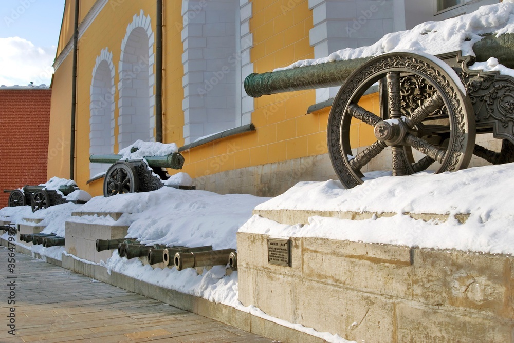 Old cannons in Moscow Kremlin. Color winter photo Old cannons in Moscow Kremlin. Color winter photo