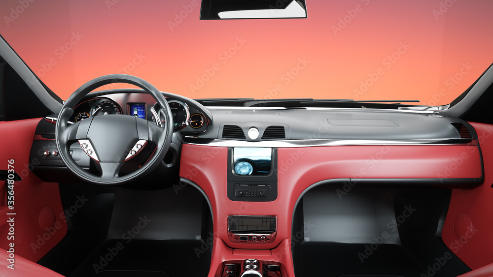 red leather interior of luxury black sport car . realistic 3d rendering.