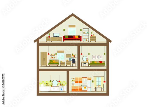 House in a cut. Detailed modern home interior. rooms with furniture. flat vector illustration