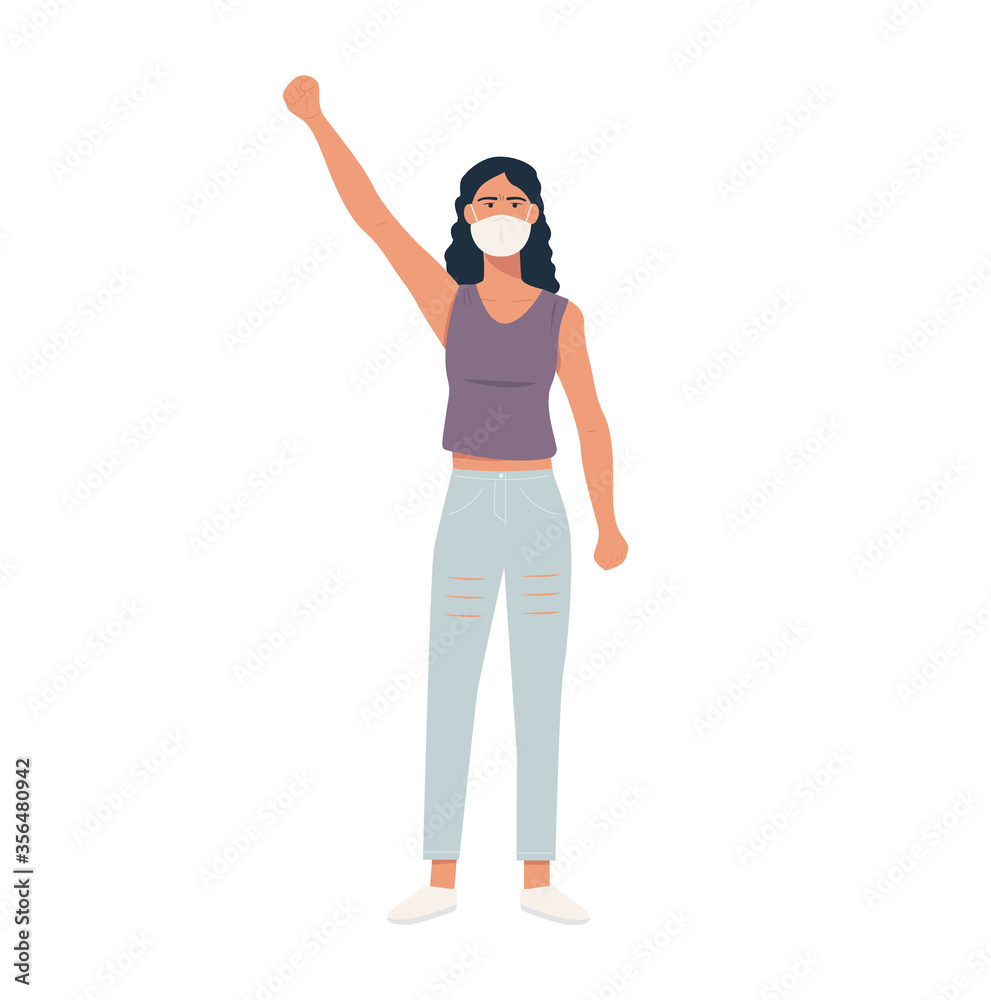 Fototapeta premium Caucasian protester in respiratory mask, hand fist raised up. White woman protesting, fighting for human rights, manifestation. Environmental issue climate change or feminism. Flat vector illustration