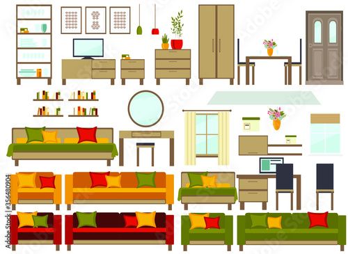 set of living room furniture (sofa, armchair, table, window, lamps, houseplants, TV, carpet, window, paintings, bookshelves,bed, computer desk, showcase, door). flat style, vector illustration