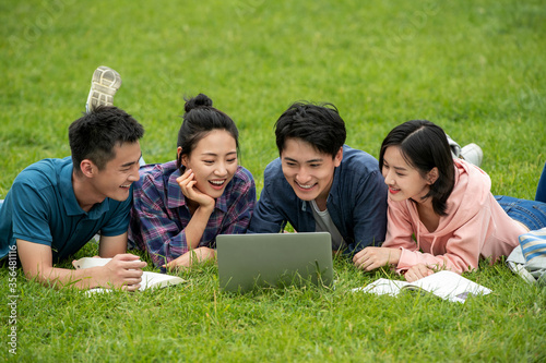 Happy learning of college students on grass photo