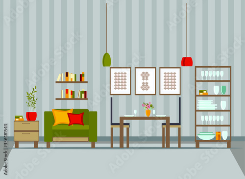 living room interior with furniture, flat cartoon vector illustration
