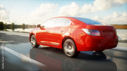 Luxury red car on highway, road. Very fast driving. Travel and car concept. 3d rendering. © 3D motion