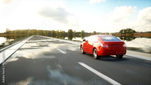 Luxury red car on highway, road. Very fast driving. Travel and car concept. 3d rendering.