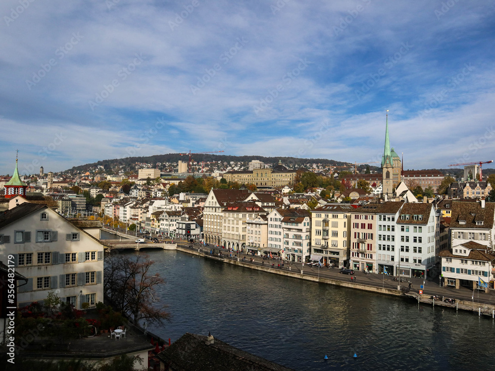 Panorama shot of Zurich old town. October 2019