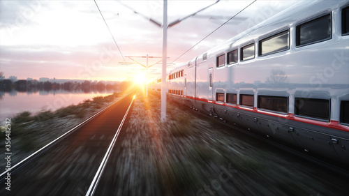 Electric passenger train. Very fast driving. journey and travel concept. 3d rendering.