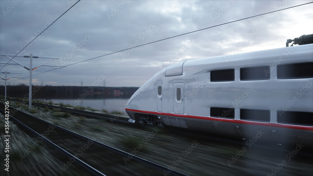 Electric passenger train. Very fast driving. journey and travel concept. 3d rendering.