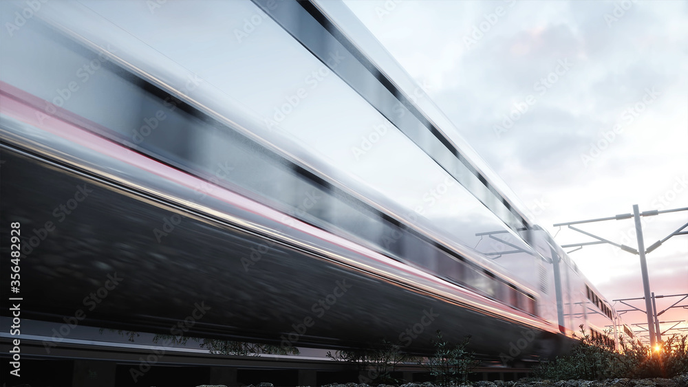 Electric passenger train. Very fast driving. journey and travel concept. 3d rendering.