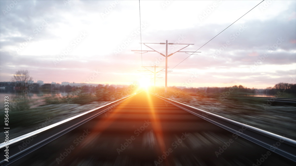 Camera moves along railway. Wonderful sunset. 3d rendering.
