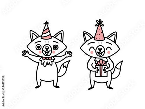 Cute doodle vector foxes  hand drawn big set of funny animals. Cartoon characters for holidays stickers