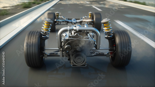 Car chassis with engine on highway. Very fast driving. Auto concept. 3d rendering.