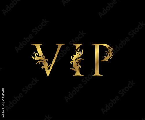 Classy Gold VIP Letters Floral logo. Vintage drawn emblem for book design, weeding card, brand name, business card, Restaurant, Boutique, Hotel.
