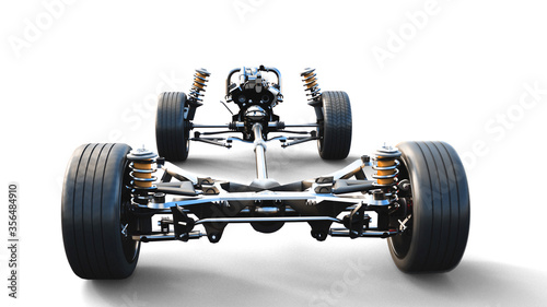 Car chassis with engine on white isolate. 3d rendering.