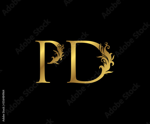Vintage Gold P, D and PD Letter Floral logo. Classy drawn emblem for book design, weeding card, brand name, business card, Restaurant, Boutique, Hotel.