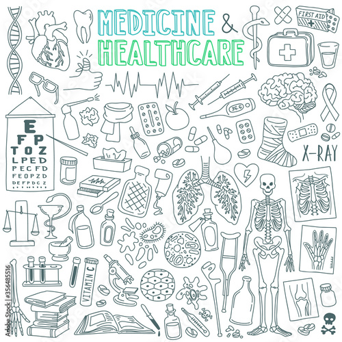 Medicine and health care outline drawings set. Drugs, pills, pharmacy, x-ray, first aid, human organs, diseases, treatment. Vector illustration isolated on white background.