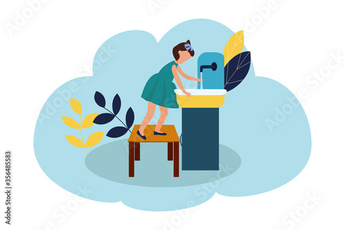 Vector illustration. Little girl washes her hands with tap water. Flat style.
